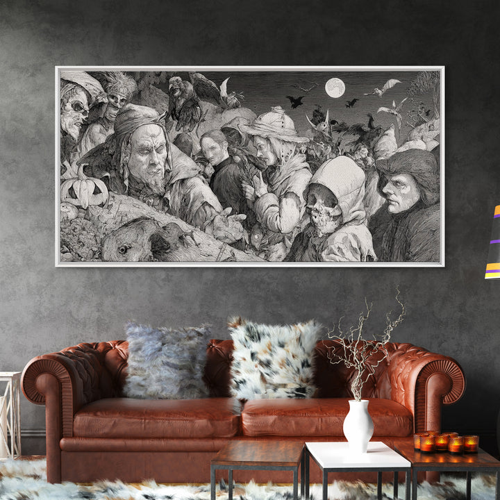 Halloween On Another Planet, Renaissance Engraving Art, Wide Panoramic Art, Dark Fantasy Wall Art, Framed Canvas Print, Halloween Wall Art