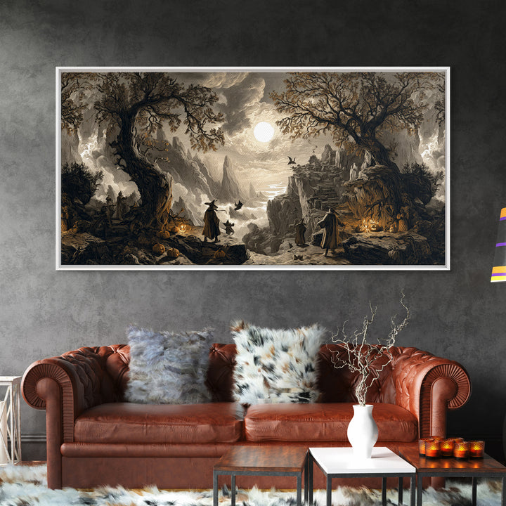 Halloween On Another Planet, Baroque Witchcraft Art, Wide Panoramic Art, Gothic Horror Wall Art, Framed Canvas Print, Halloween Wall Art