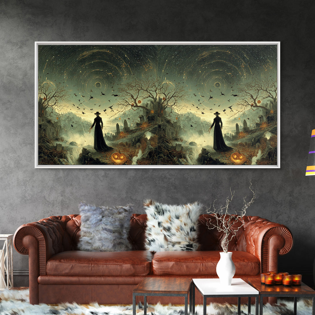 Halloween On Another Planet, Romantic Gothic Landscape, Wide Panoramic Art, Dark Fantasy Wall Art, Framed Canvas Print