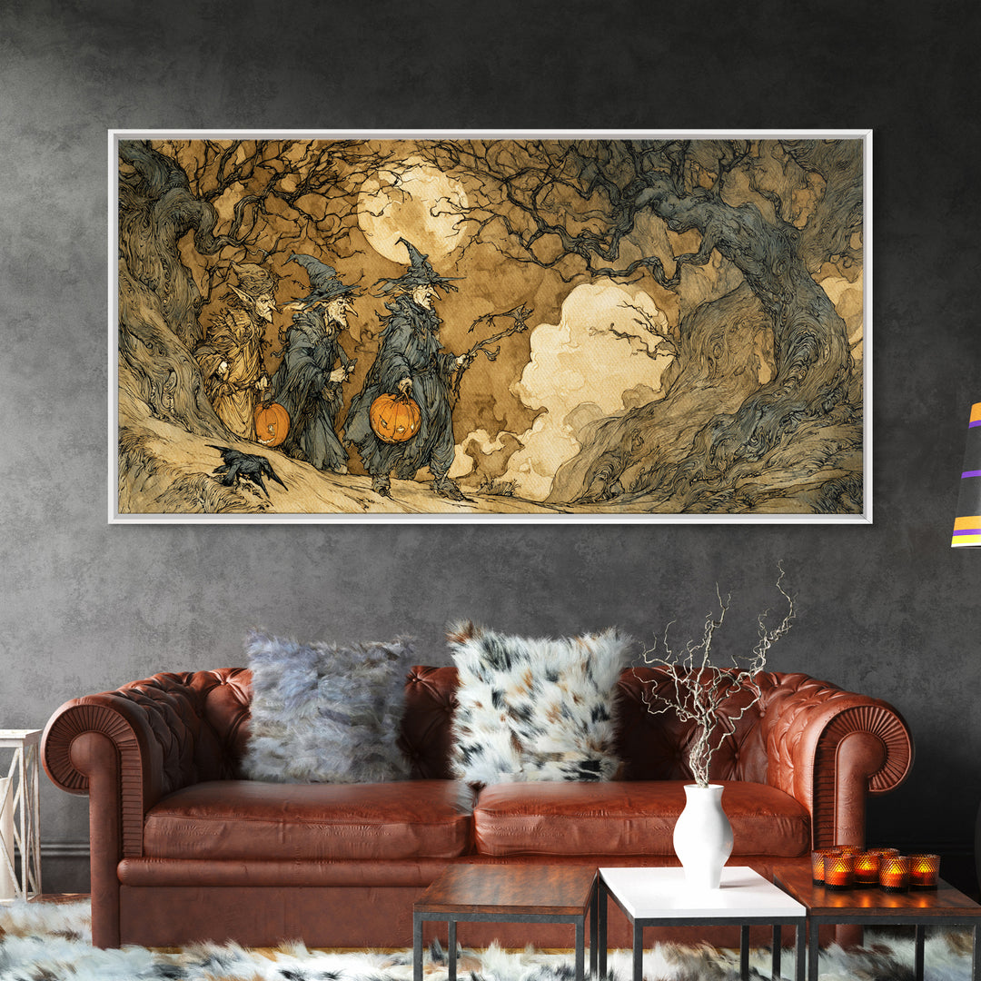 Halloween On Another Planet, Gothic Storybook Art, Wide Panoramic Art, Macabre Wall Art, Canvas Print, Halloween Wall Art