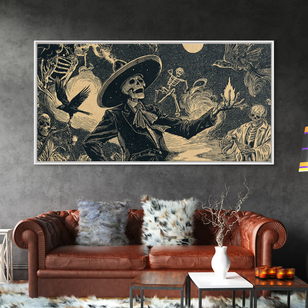 Halloween On Another Planet, Macabre Folk Print Art, Wide Panoramic Art, Gothic Horror Wall Art, Canvas Print