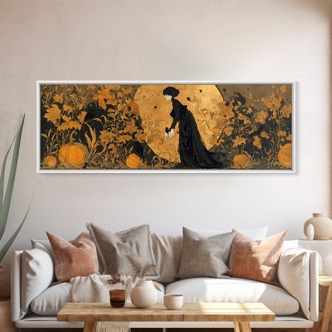The Personification Of October, Decadent Line Art, Extra Wide Wall Art, Gothic Horror Wall Art, Canvas Print, Halloween Wall Art