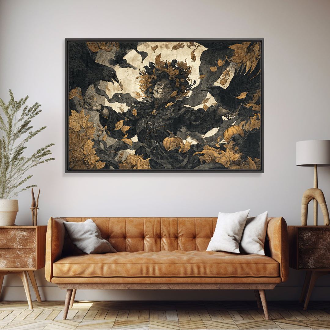 The Personification Of October, Macabre Folk Print Art, Landscape Wall Art, Dark Halloween Decor, Framed Canvas Print