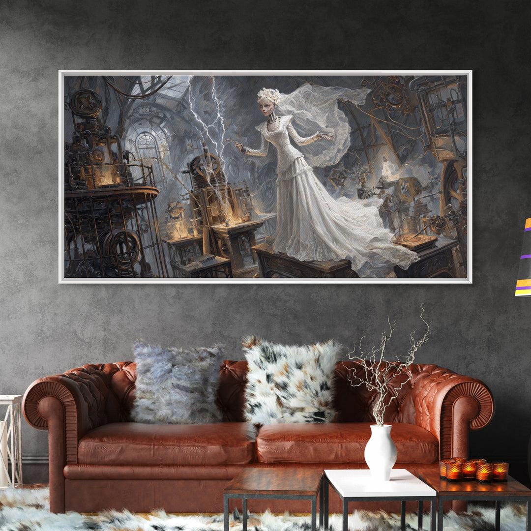 The Stitched Bride Of Thunder Hall, Apocalyptic Romantic Art, Wide Panoramic Art, Dark Fantasy Wall Art, Framed Canvas Print