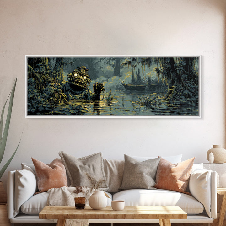 The Creature Of Lantern Lagoon, Gothic Engraving Art, Extra Wide Wall Art, Dark Halloween Decor, Framed Canvas Print