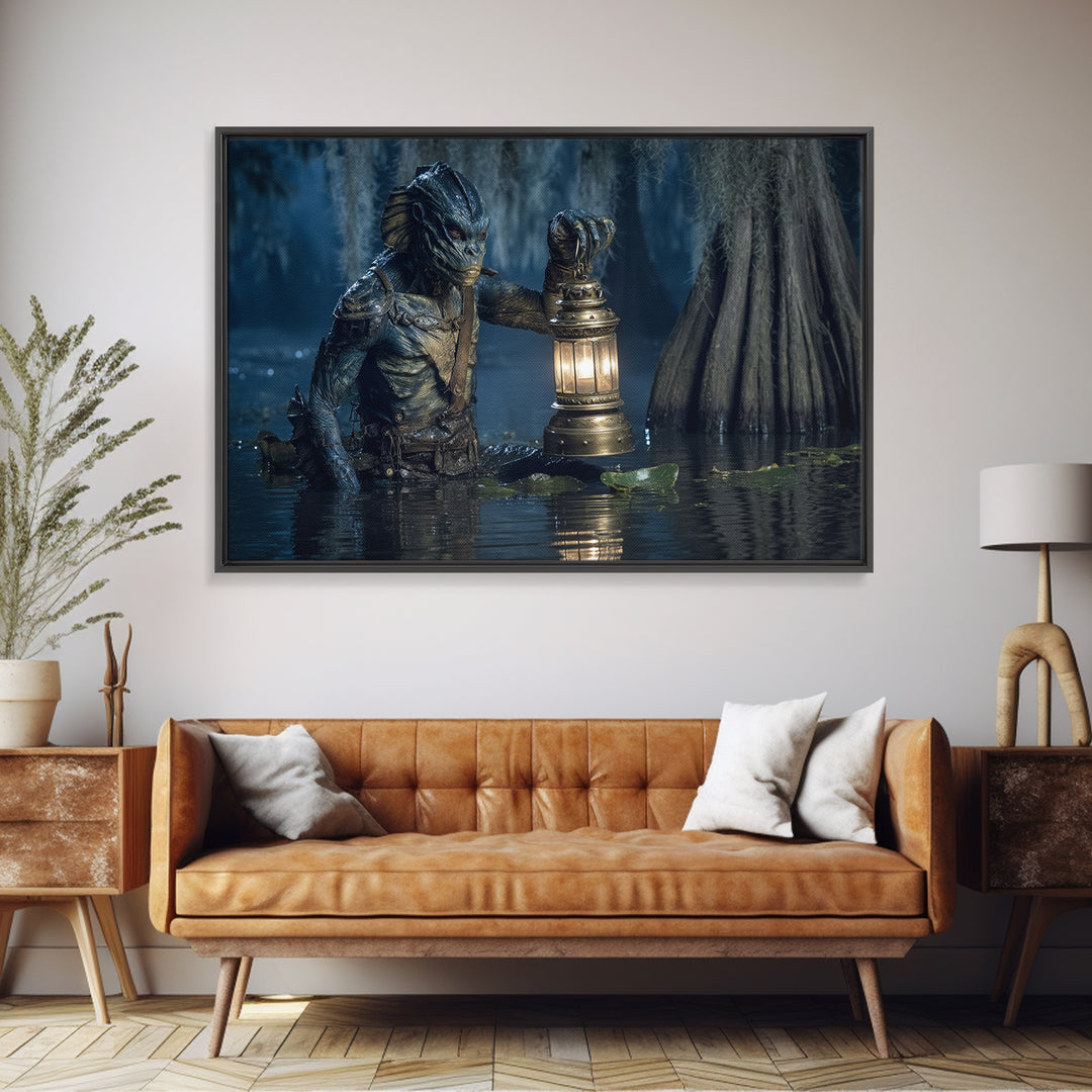 The Creature Of Lantern Lagoon, Symbolist Gothic Landscape, Landscape Wall Art, Gothic Horror Wall Art, Framed Canvas Print