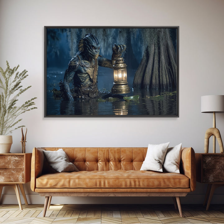 The Creature Of Lantern Lagoon, Symbolist Gothic Landscape, Landscape Wall Art, Gothic Horror Wall Art, Framed Canvas Print
