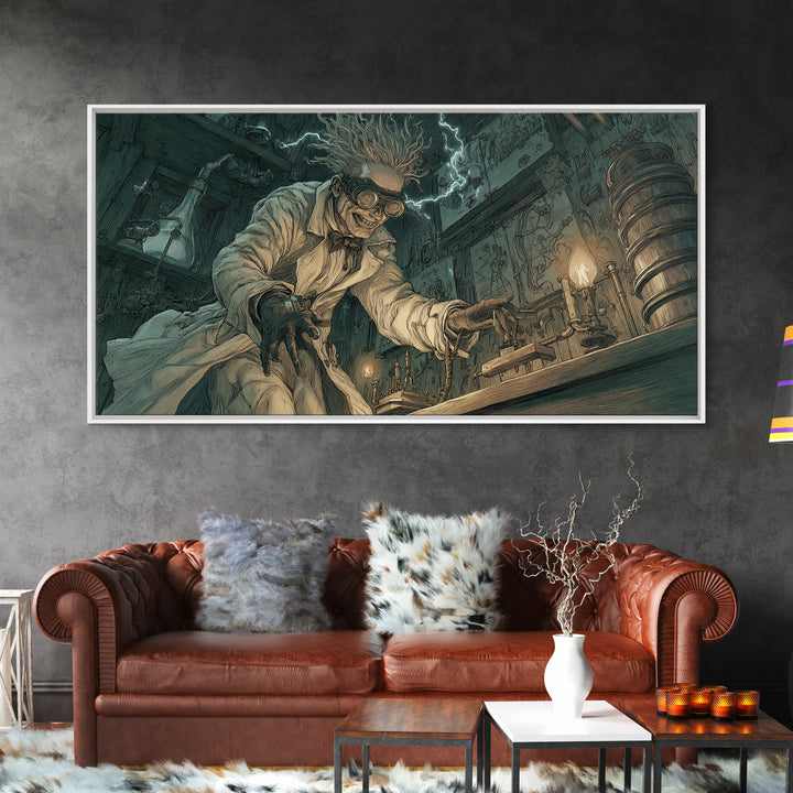 Doctor Vesper'S Resurrection Engine, Expressionist Nightmare Art, Wide Panoramic Art, Gothic Horror Wall Art, Framed Canvas Print