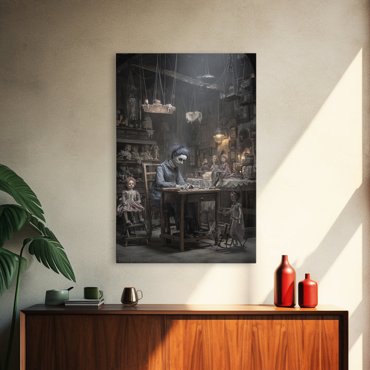 The Dollmaker Of Hollow Ward, Victorian Macabre Art, Vertical Wall Art, Macabre Wall Art, Canvas Print, Halloween Wall Art