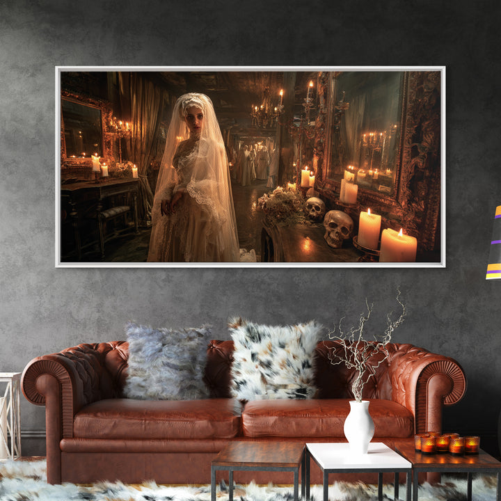 The Wax Bride Of Mourning Hall, Grotesque Carnival Art, Wide Panoramic Art, Gothic Horror Wall Art, Canvas Print, Halloween Wall Art