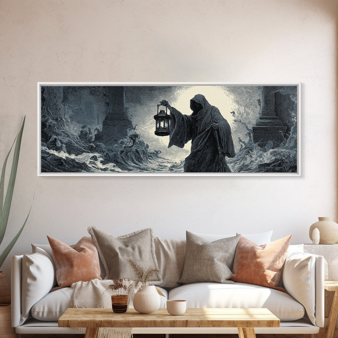The Lantern-Bearer Of R’Lyeh, Gothic Engraving Art, Extra Wide Wall Art, Dark Fantasy Wall Art, Canvas Print, Halloween Wall Art
