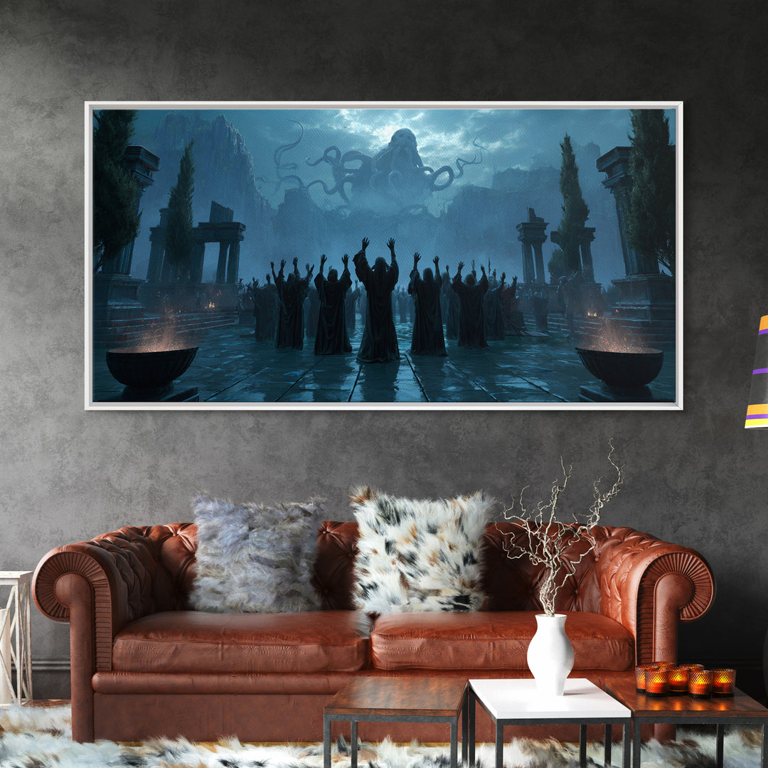 The Choir Of Deepwater Acolytes, Symbolist Gothic Landscape, Wide Panoramic Art, Macabre Wall Art, Canvas Print, Halloween Wall Art