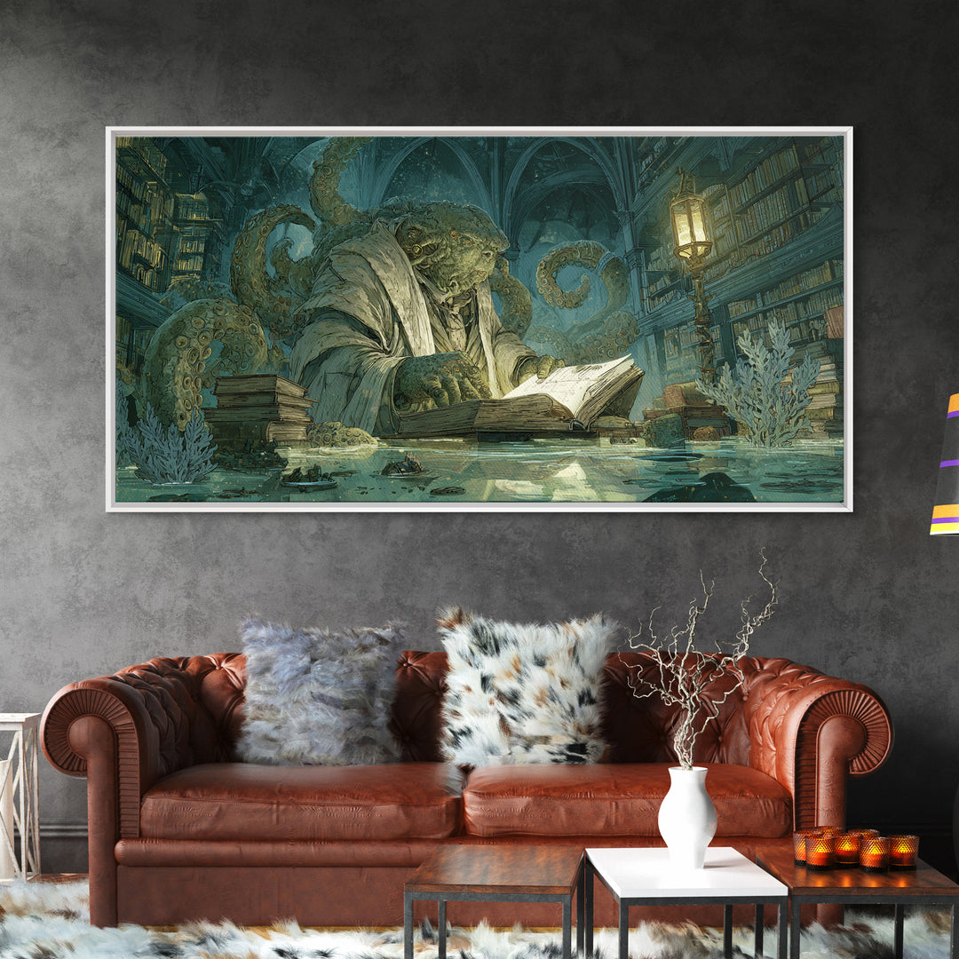 The Librarian Of Forbidden Tides, Expressionist Nightmare Art, Wide Panoramic Art, Macabre Wall Art, Canvas Print, Halloween Wall Art