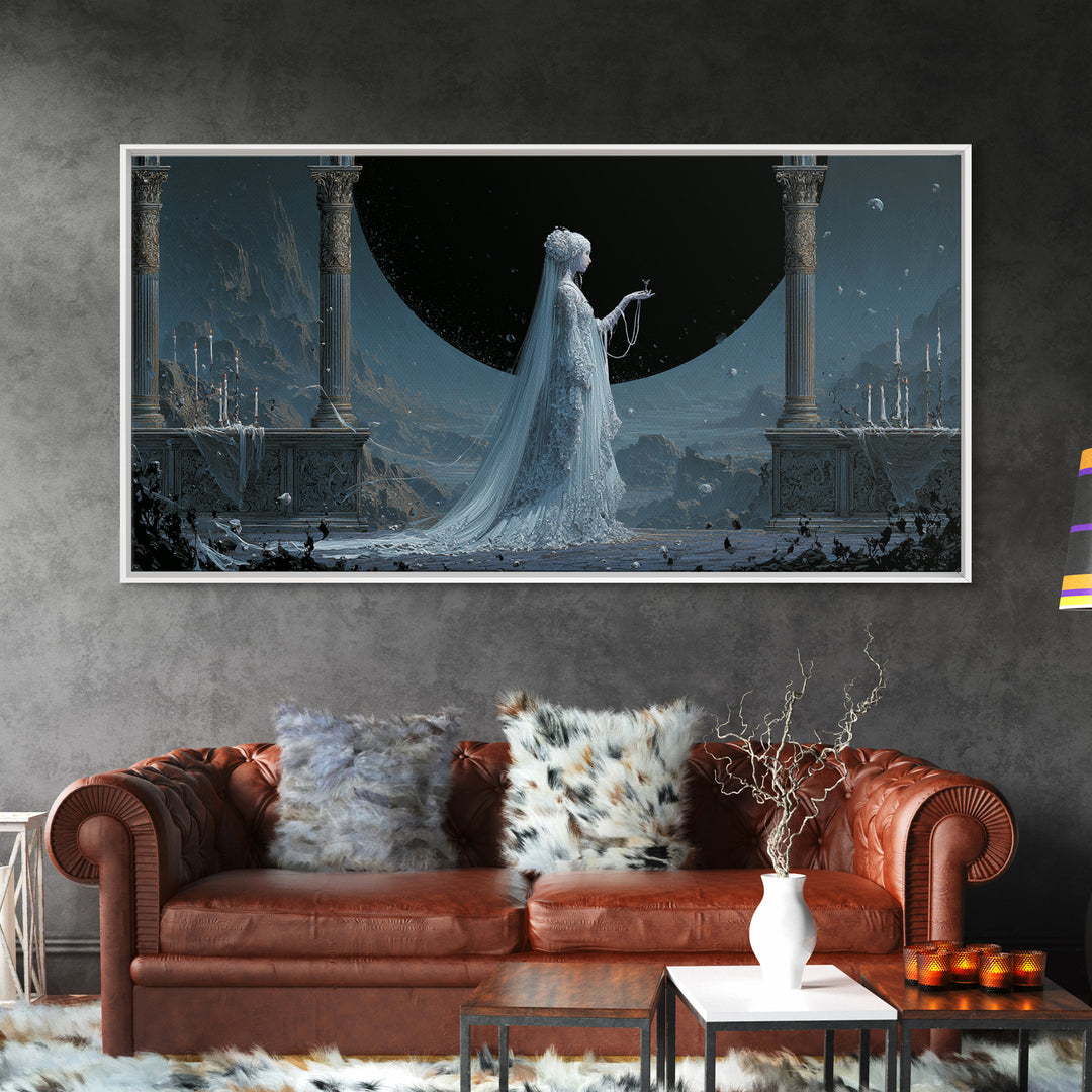 The Bride Of The Abyssal Moon, Apocalyptic Romantic Art, Wide Panoramic Art, Cosmic Horror Art, Canvas Print, Halloween Wall Art