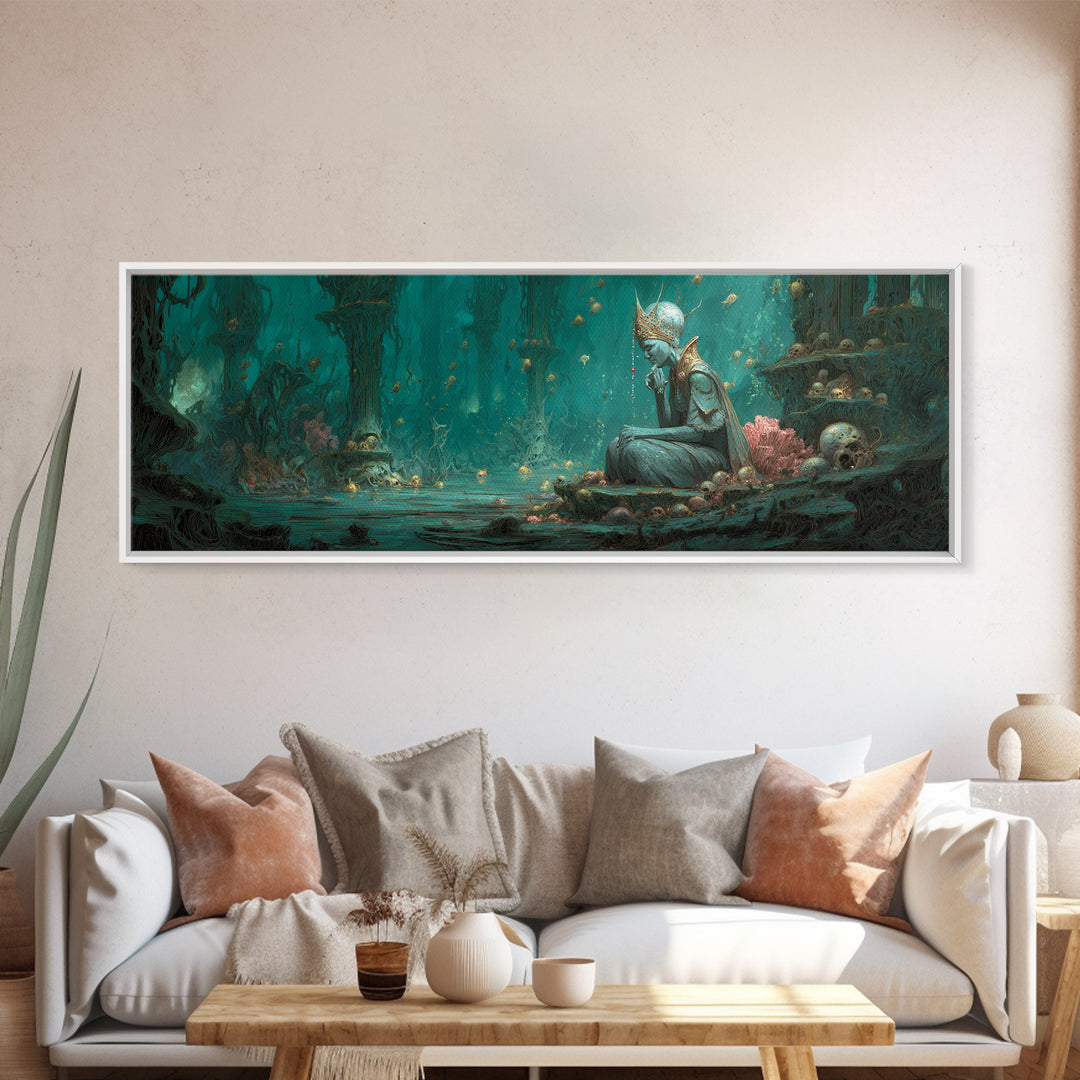 The Watcher In The Coral Throne, Gothic Storybook Art, Extra Wide Wall Art, Gothic Horror Wall Art, Canvas Print, Halloween Wall Art