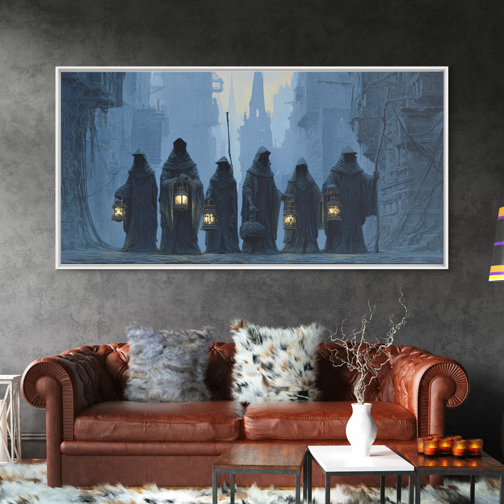 The Innsmouth Lantern Procession, Gothic Engraving Art, Wide Panoramic Art, Gothic Horror Wall Art, Canvas Print, Halloween Wall Art