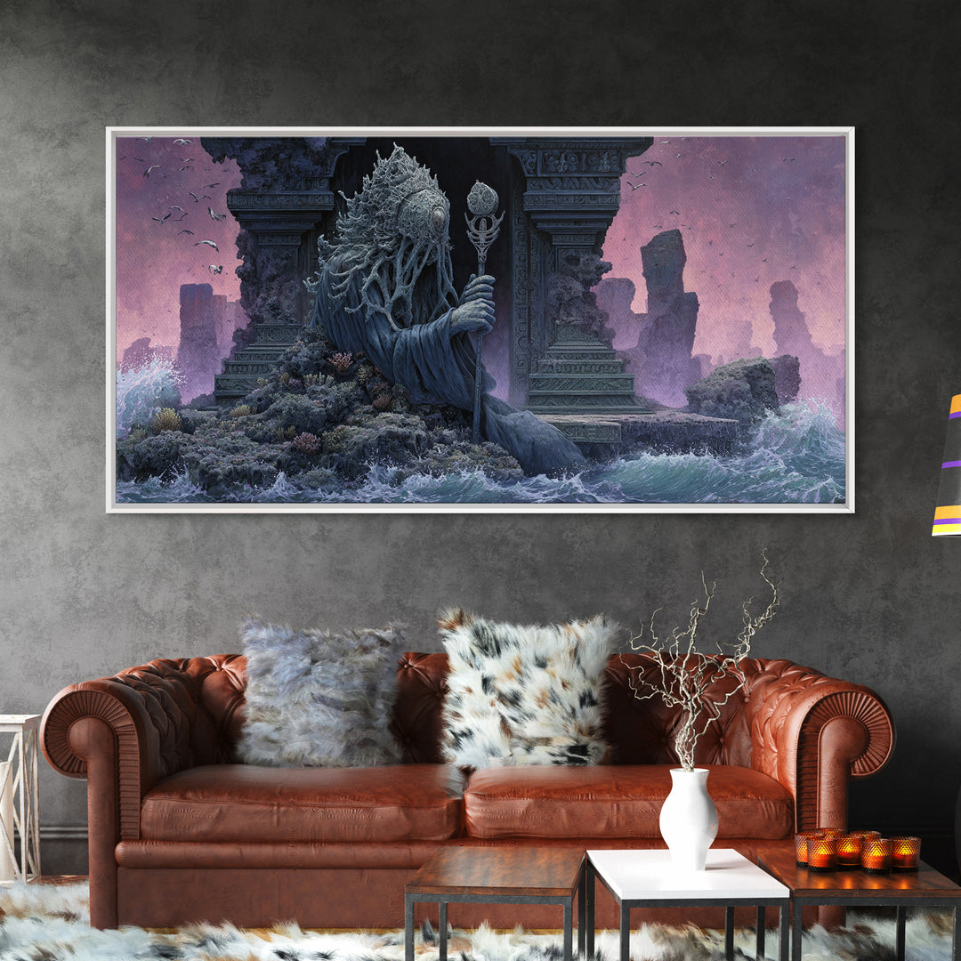 The Keeper Of The Black Reef Key, Symbolist Gothic Landscape, Wide Panoramic Art, Dark Fantasy Wall Art, Canvas Print, Halloween Wall Art
