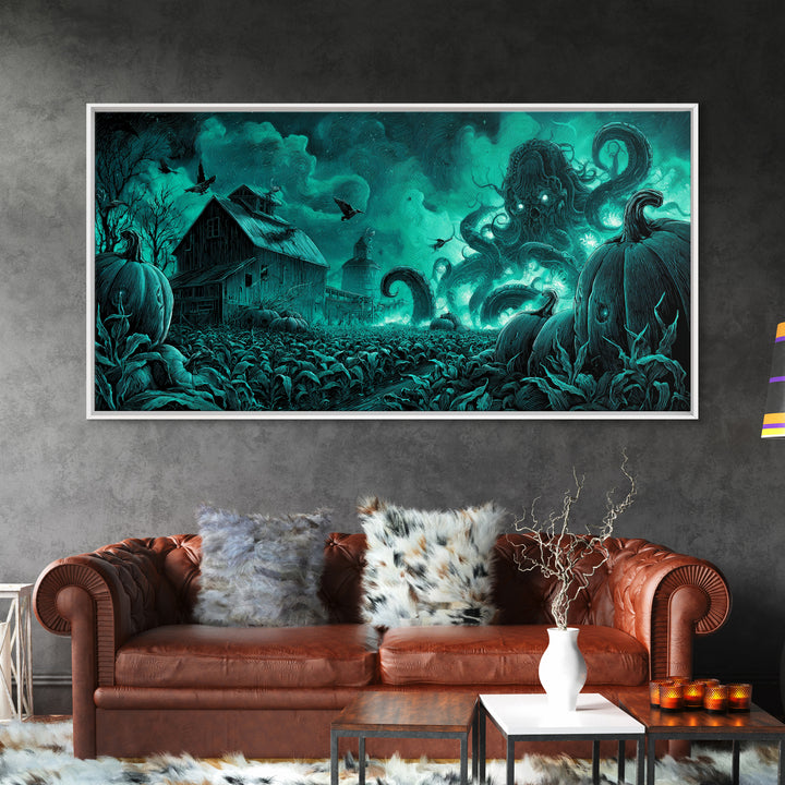 The Harvest Of The Eldritch Field, Biomechanical Horror Art, Wide Panoramic Art, Eldritch Wall Decor, Framed Canvas Print