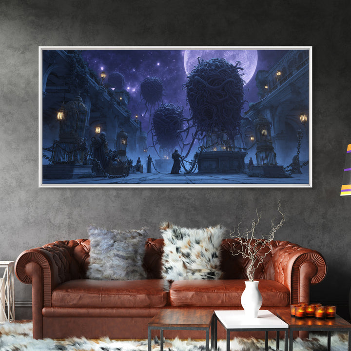 The Moonlit Shoggoth Menagerie, Apocalyptic Romantic Art, Wide Panoramic Art, Lovecraftian Horror Art, Framed Canvas Print, Horror Wall Art