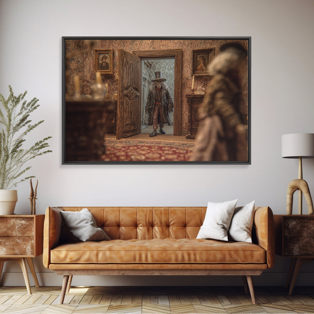 The Thirteenth Door Of Arkham House, Gothic Storybook Art, Landscape Wall Art, Dark Halloween Decor, Framed Canvas Print