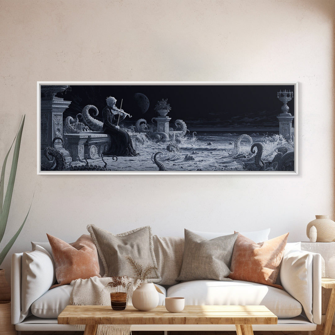 The Violinist Of The Drowned Moon, Biomechanical Horror Art, Extra Wide Wall Art, Cosmic Horror Art, Canvas Print, Halloween Wall Art