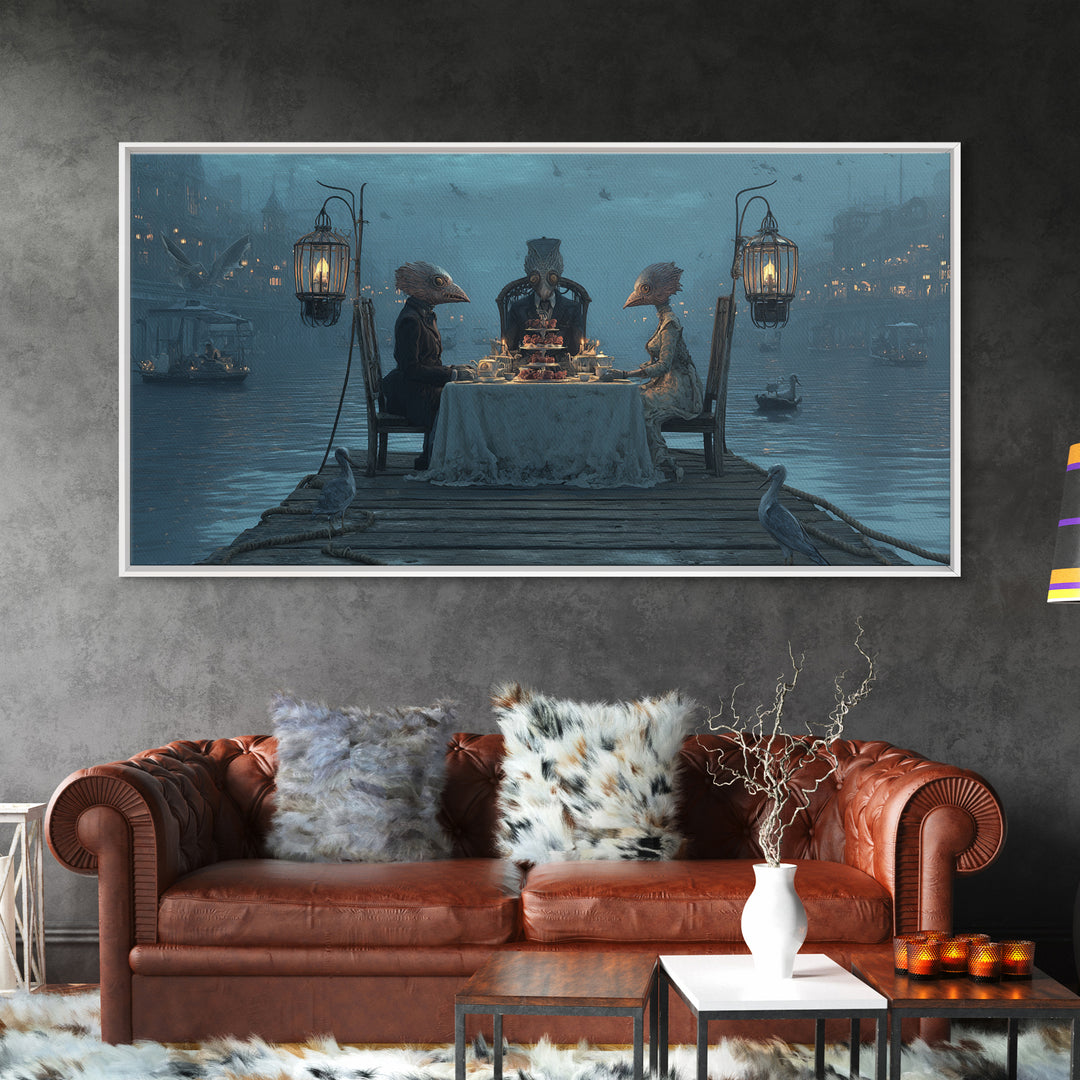 The Tea Party At Innsmouth Pier, Grotesque Carnival Art, Wide Panoramic Art, Dark Fantasy Wall Art, Canvas Print, Halloween Wall Art