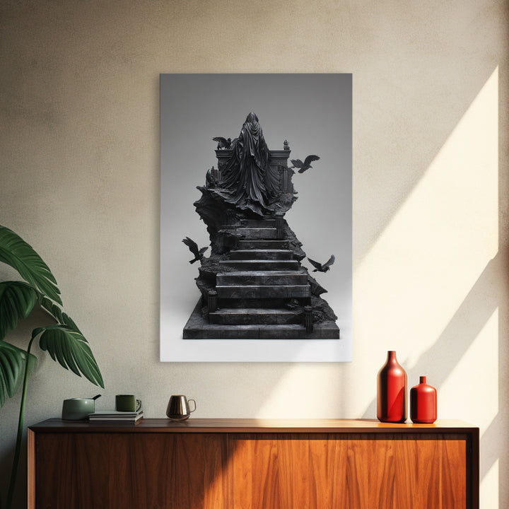 The Raven Sermon Of Leng, Biomechanical Horror Art, Vertical Wall Art, Dark Halloween Decor, Framed Canvas Print, Halloween Wall Art