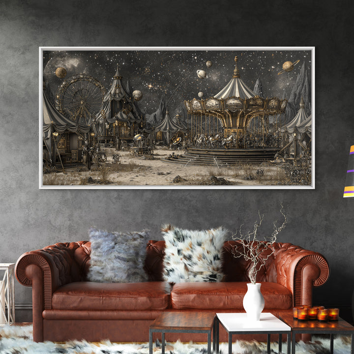The Carousel Of Sleeping Planets, Apocalyptic Romantic Art, Wide Panoramic Art, Dark Halloween Decor, Framed Canvas Print