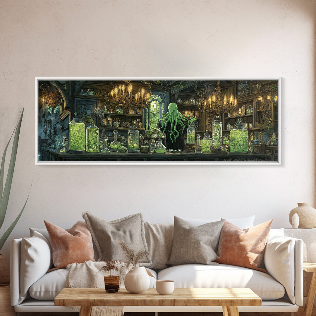 The Apothecary Of Black Seashell Dreams, Gothic Storybook Art, Extra Wide Wall Art, Eldritch Wall Decor, Framed Canvas Print