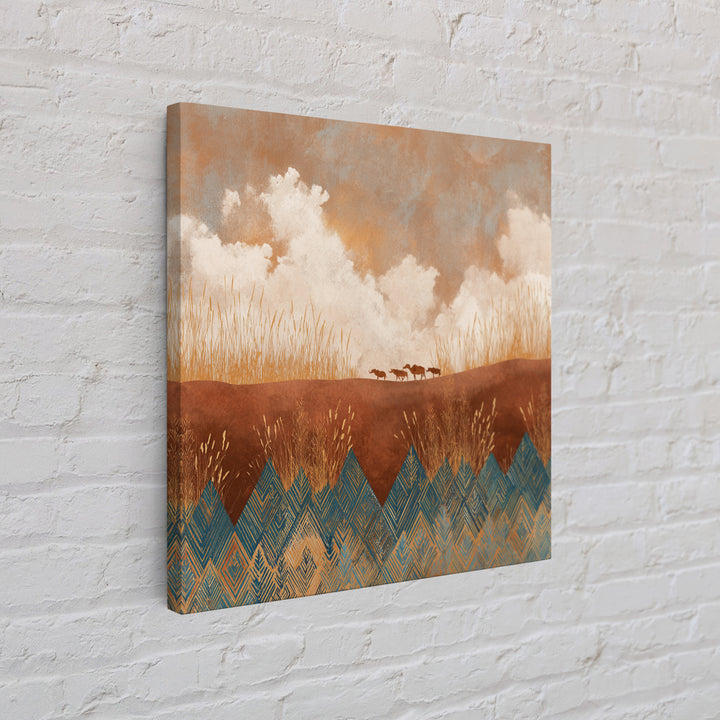Saharan Dunes with Tiny Caravan Silhouettes Framed Canvas Print, Desert Art, Colorful Wall Art, Southwestern Decor, DES-1x1-2