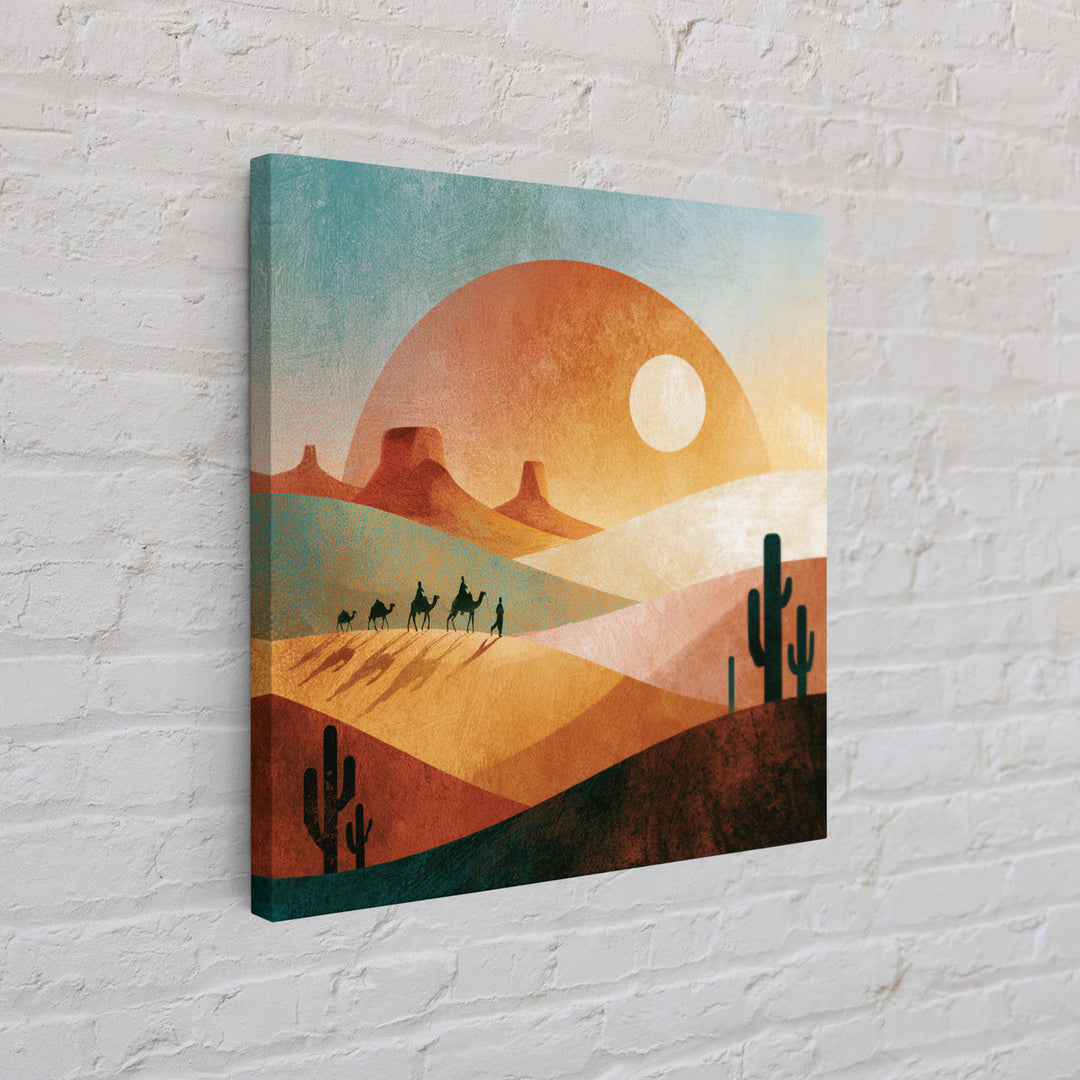 Saharan Dunes with Tiny Caravan Silhouettes Canvas Print, Desert Art, Neutral Decor, Southwestern Decor, Fine Art, Desert, DES-1x1-26