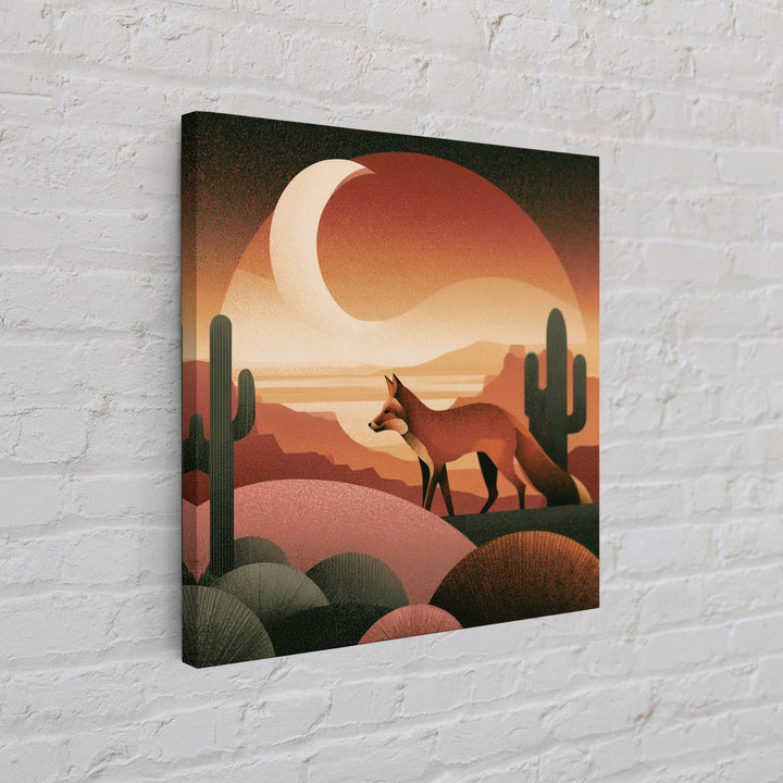Desert Fox Beneath a Crescent Moon Framed Canvas Print, Desert Art, Wall Art, Southwestern Decor, Oil Painting, Desert, DES-1x1-41