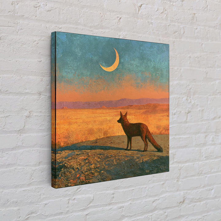 Desert Fox Beneath a Crescent Moon Framed Canvas Print, Desert Art, Wall Art, Southwestern Decor, Oil Painting, Desert, DES-1x1-65