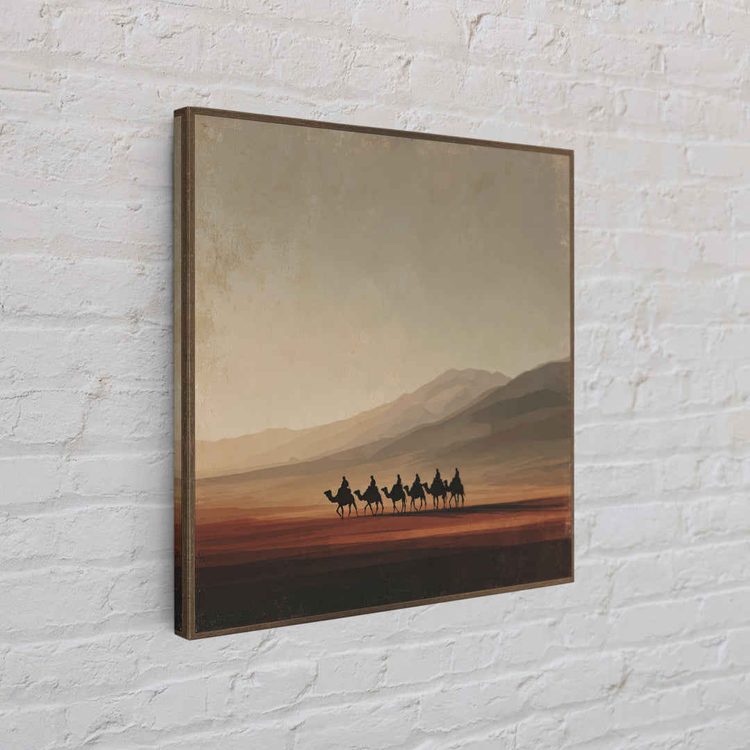 Camel Caravan Crossing Golden Dunes Framed Canvas Print, Desert Art, Living Room Decor, Southwestern Decor, Oil Painting, DES-1x1-7
