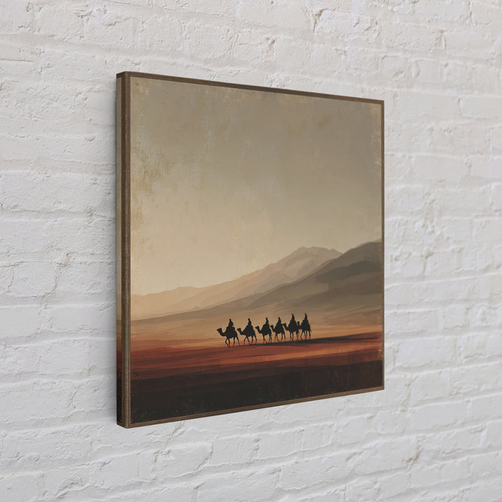 Camel Caravan Crossing Golden Dunes Framed Canvas Print, Desert Art, Living Room Decor, Southwestern Decor, Oil Painting, DES-1x1-7