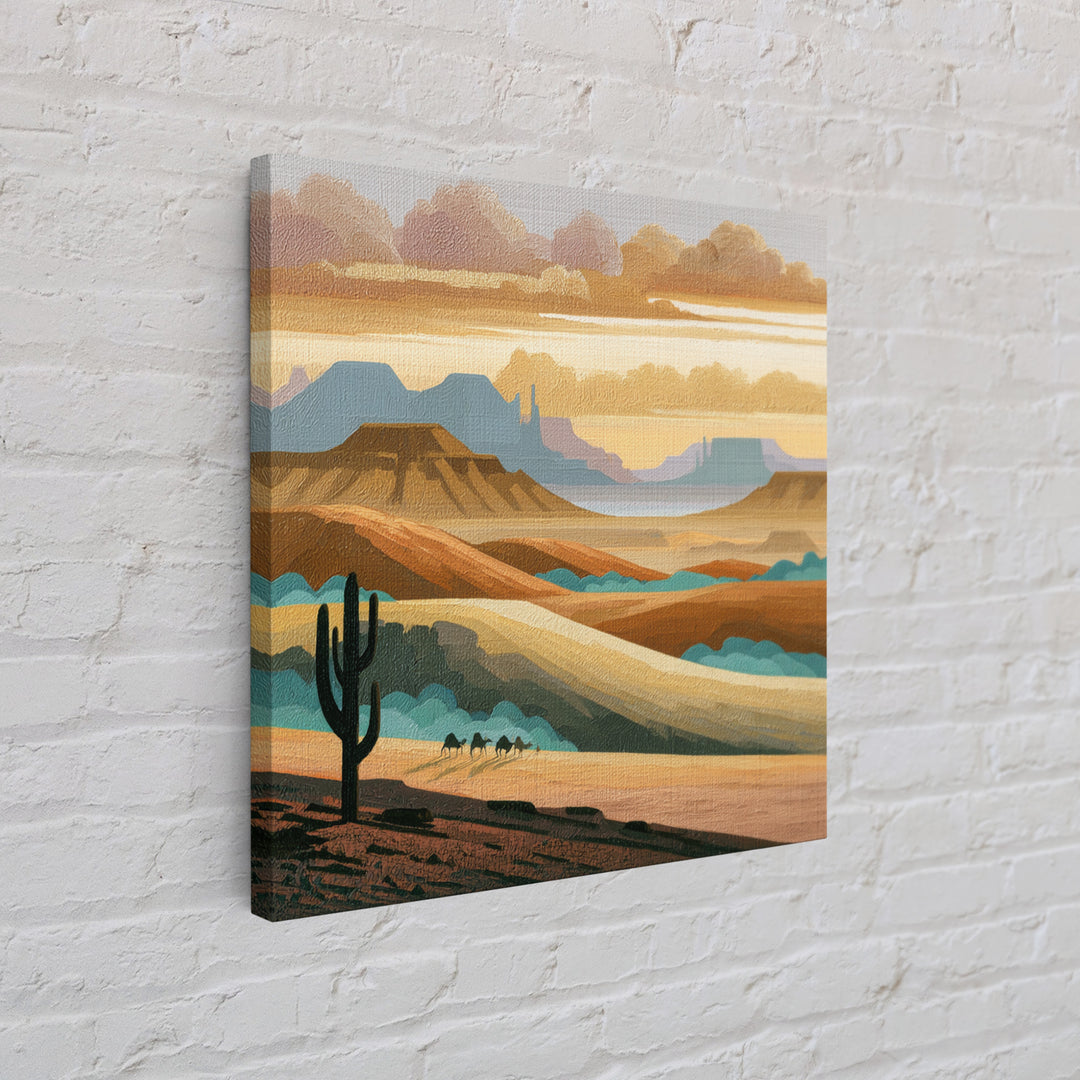 Saharan Dunes with Tiny Caravan Silhouettes Framed Canvas Print, Desert Art, Art Print, Southwestern Decor, Fine Art, Desert, DES-1x1-74
