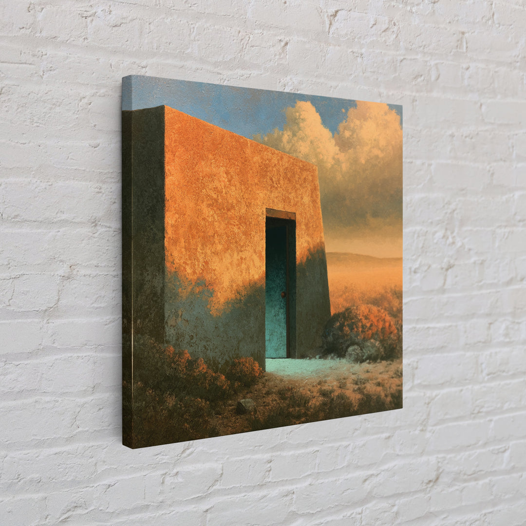 Adobe Doorway with Turquoise Shadow Canvas Print, Desert Art, Oil Painting, Southwestern Decor, Desert, Bedroom Wall Art, DES-1x1-77