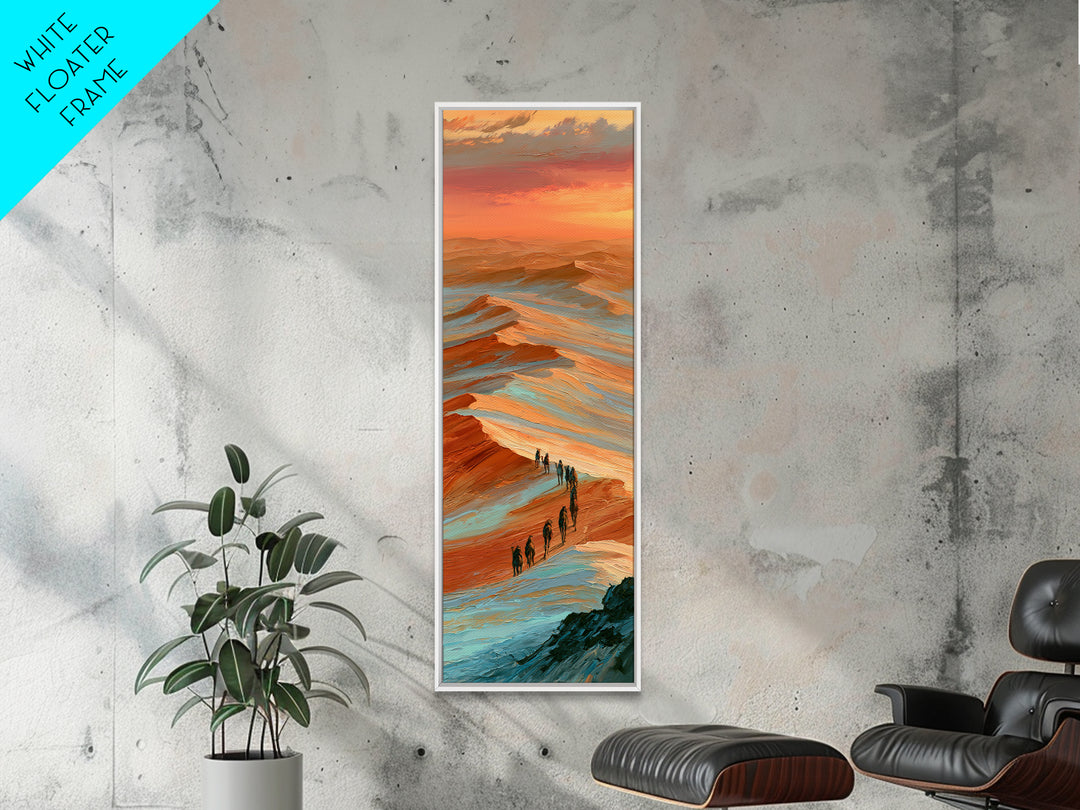 Camel Caravan Crossing Golden Dunes Framed Canvas Print, Desert Art, Mountain Wall Art, Southwestern Decor, Oil Painting, DES-1x3-19