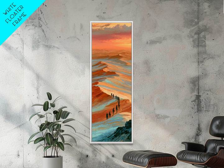 Camel Caravan Crossing Golden Dunes Framed Canvas Print, Desert Art, Mountain Wall Art, Southwestern Decor, Oil Painting, DES-1x3-19
