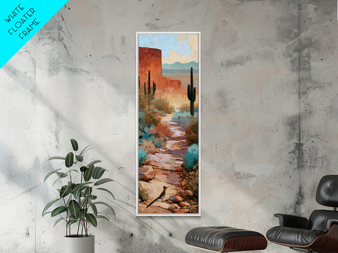 Roadrunner Bird in a Dry Wash Framed Canvas Print, Desert Art, Textured Painting, Southwestern Decor, Fine Art, Desert, DES-1x3-74