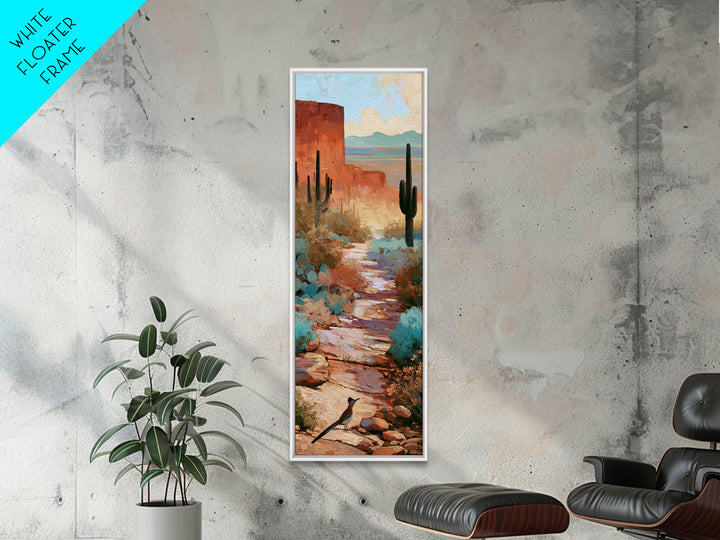 Roadrunner Bird in a Dry Wash Framed Canvas Print, Desert Art, Textured Painting, Southwestern Decor, Fine Art, Desert, DES-1x3-74
