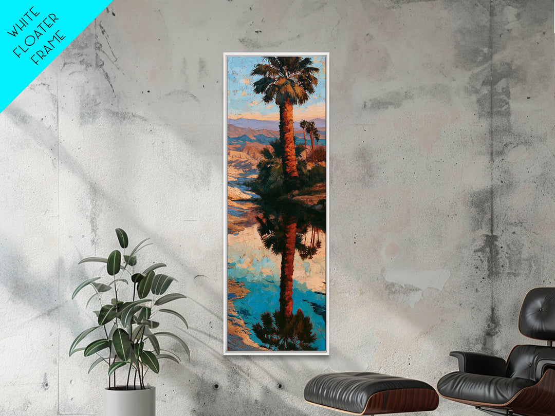 Palm Oasis Reflected Framed Canvas Print, Desert Art, Wall Art, Southwestern Decor, Oil Painting, Desert, Apartment Decor, DES-1x3-75