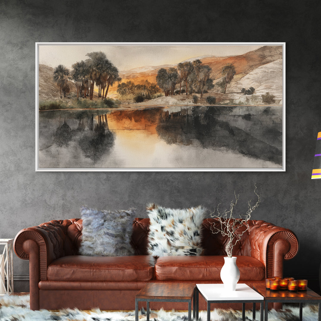 Palm Oasis Reflected Framed Canvas Print, Desert Art, Western Wall Art, Southwestern Decor, Watercolor Art, Desert, DES-2x1-11