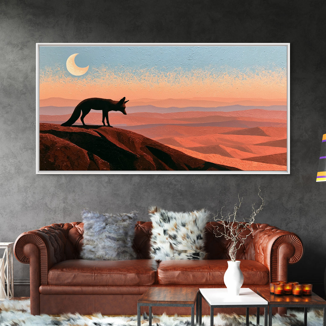 Desert Fox Beneath a Crescent Moon Framed Canvas Print, Desert Art, Original Art, Southwestern Decor, Fine Art, Desert, DES-2x1-37