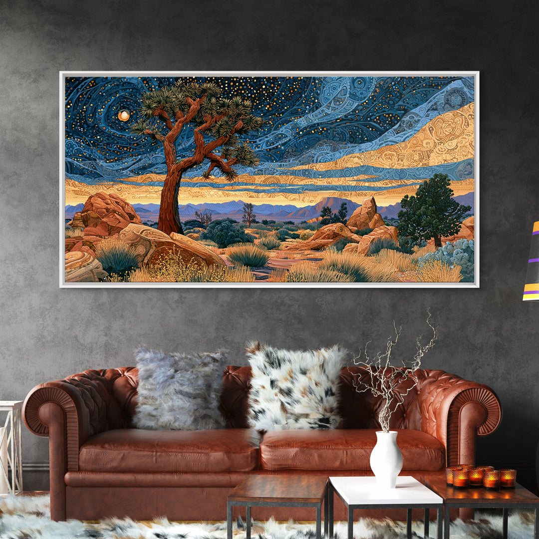 Joshua Tree under Star Filled Night Framed Canvas Print, Desert Art, Southwestern Decor, Oil Painting, Desert, DES-2x1-50