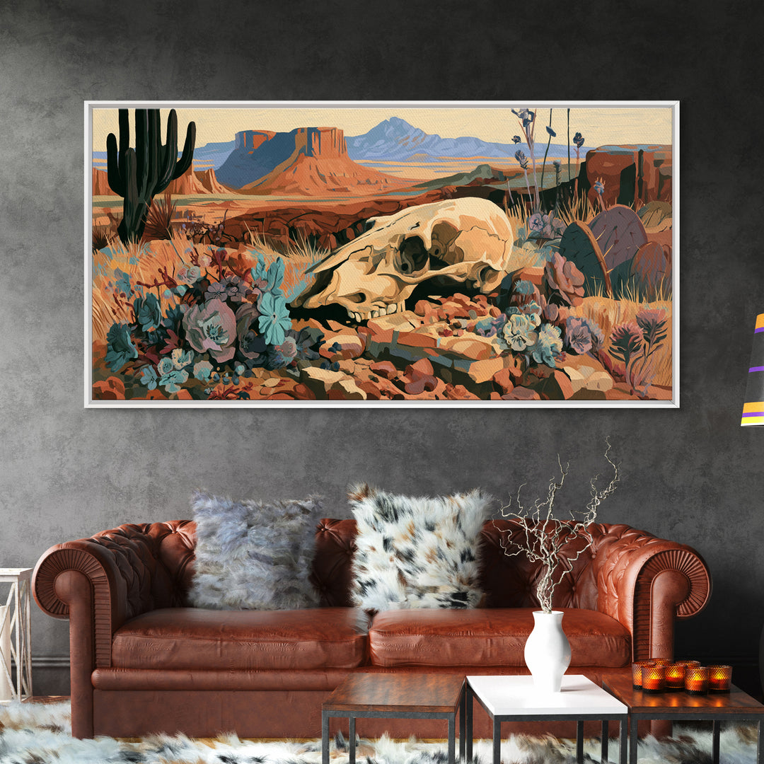 Sun Bleached Skull and Desert Flowers Framed Canvas Print, Desert Art, Wall Art Prints, Southwestern Decor, Fine Art, Desert, DES-2x1-56