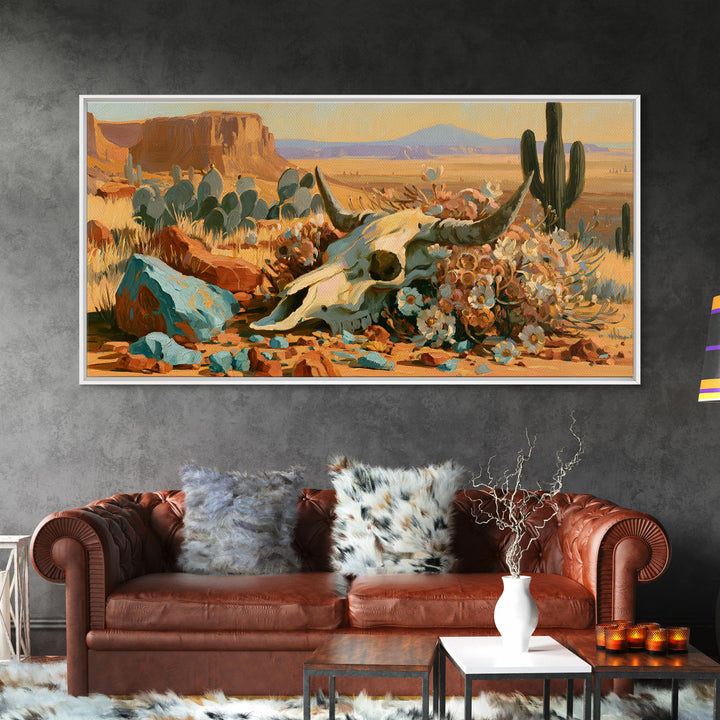 Sun Bleached Skull and Desert Flowers Framed Canvas Print, Desert Art, Art Print, Southwestern Decor, Watercolor Art, Desert, DES-2x1-8