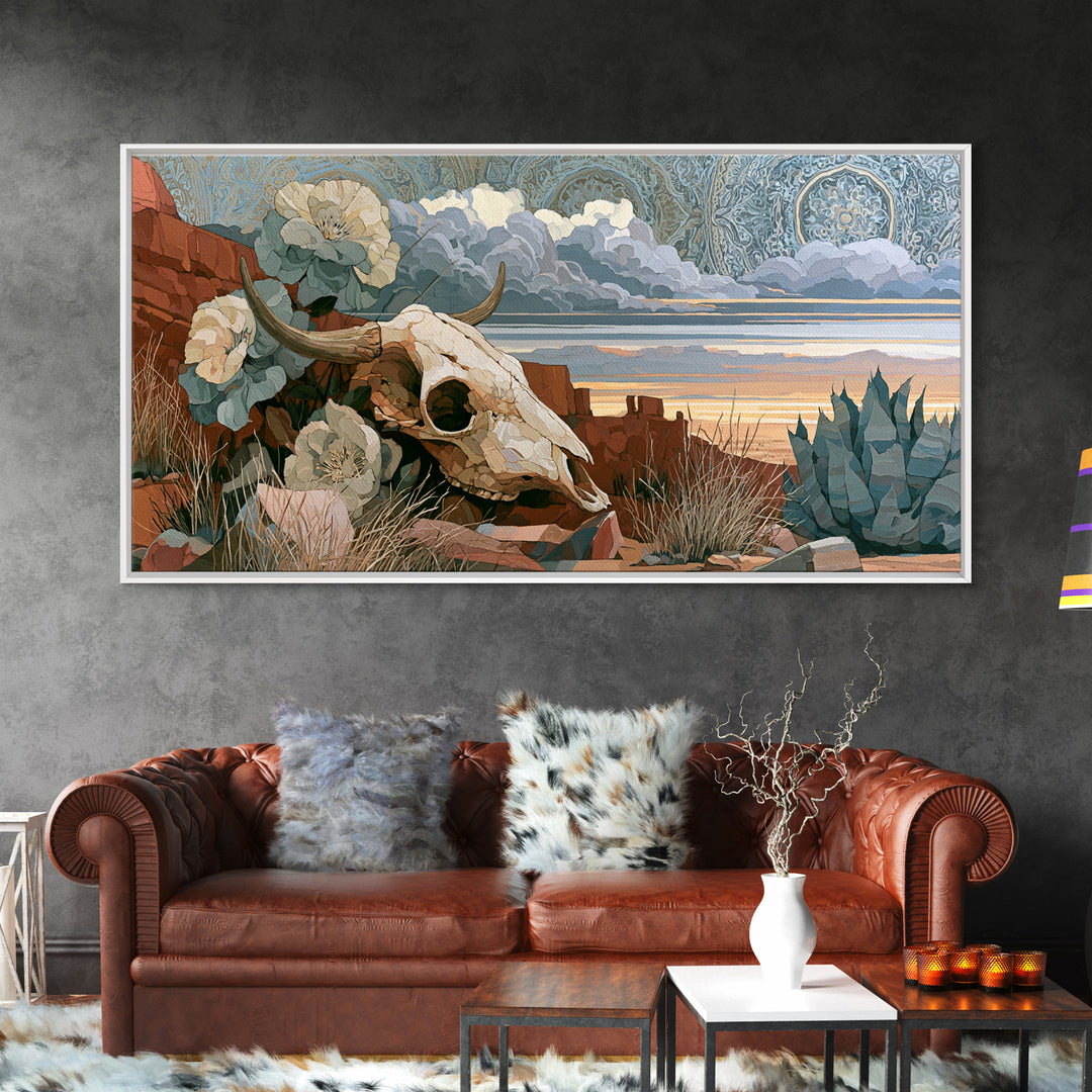 Sun Bleached Skull and Desert Flowers Framed Canvas Print, Desert Art, Modern Wall Art, Southwestern Decor, Oil Painting, DES-2x1-80