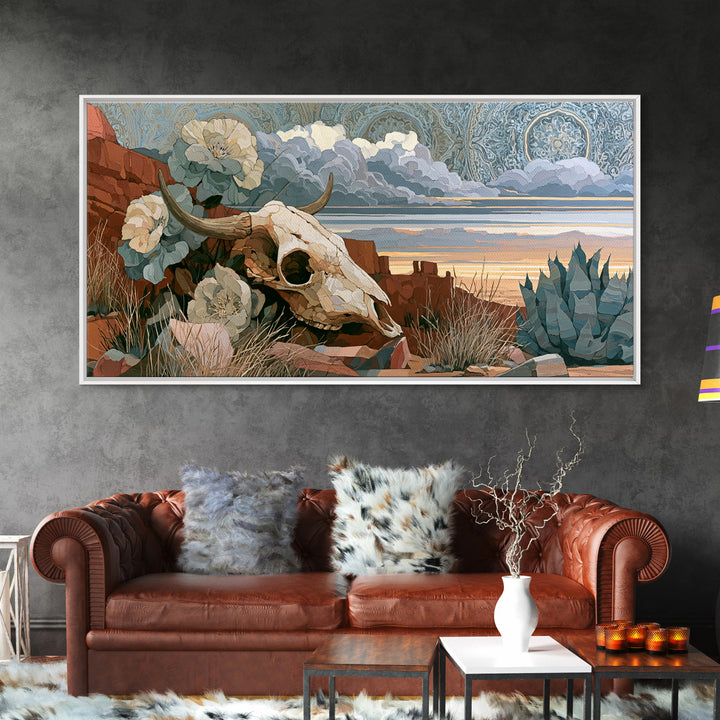 Sun Bleached Skull and Desert Flowers Framed Canvas Print, Desert Art, Modern Wall Art, Southwestern Decor, Oil Painting, DES-2x1-80