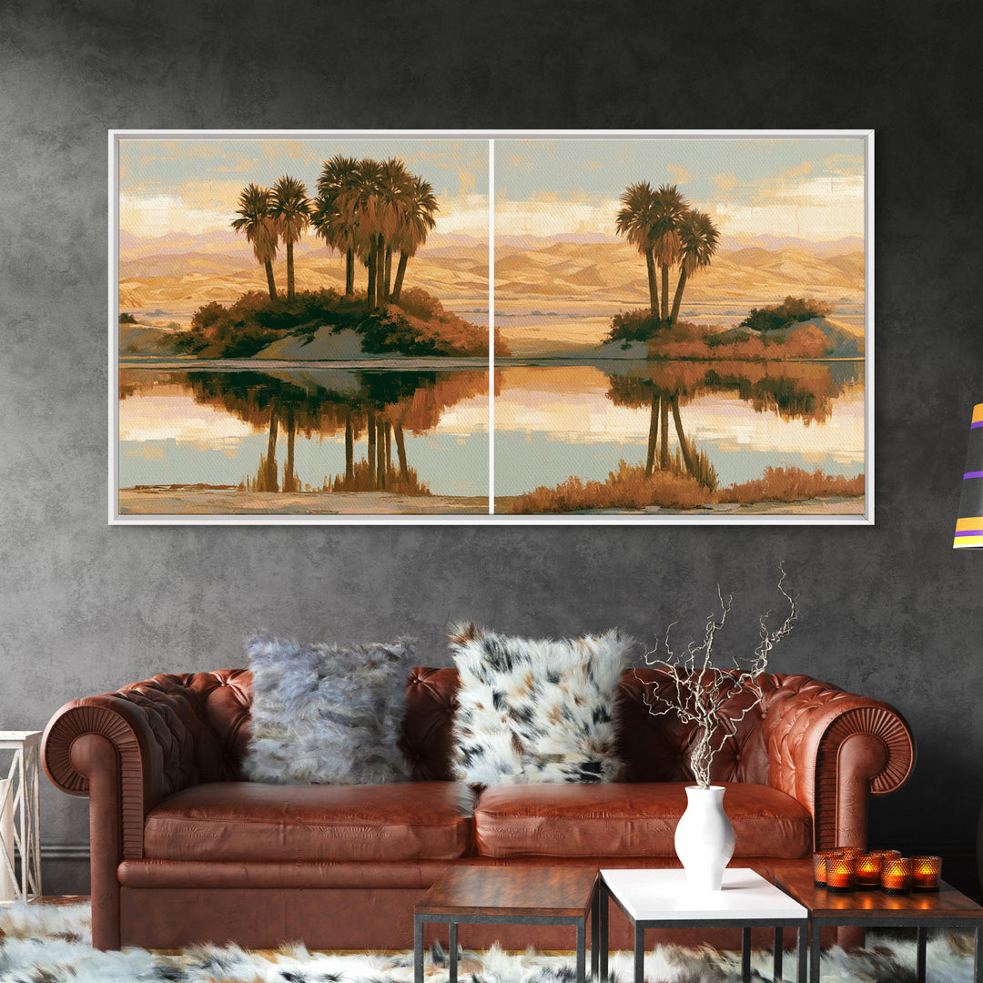 Palm Oasis Reflected Framed Canvas Print, Desert Art, Wall Art Prints, Southwestern Decor, Oil Painting, Desert, Boho Decor, DES-2x1-83